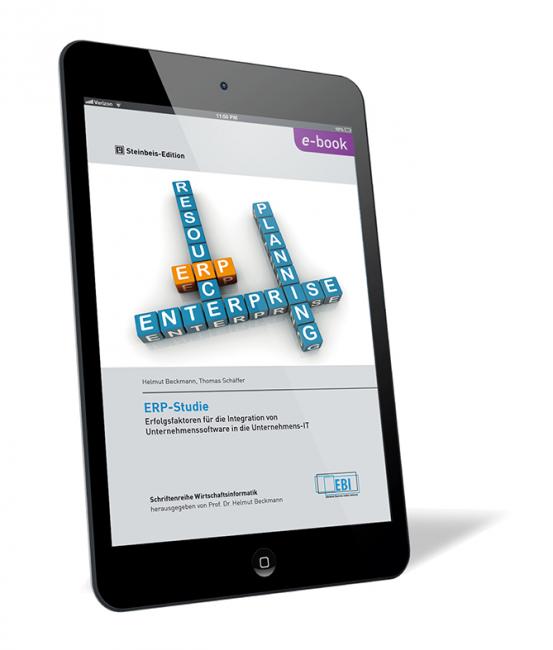 Buchcover von 'ERP-Studie' von Helmut Beckmann, Thomas Schäffer, dargestellt auf einem Tablet mit Scrabble-Wörtern zu ERP.